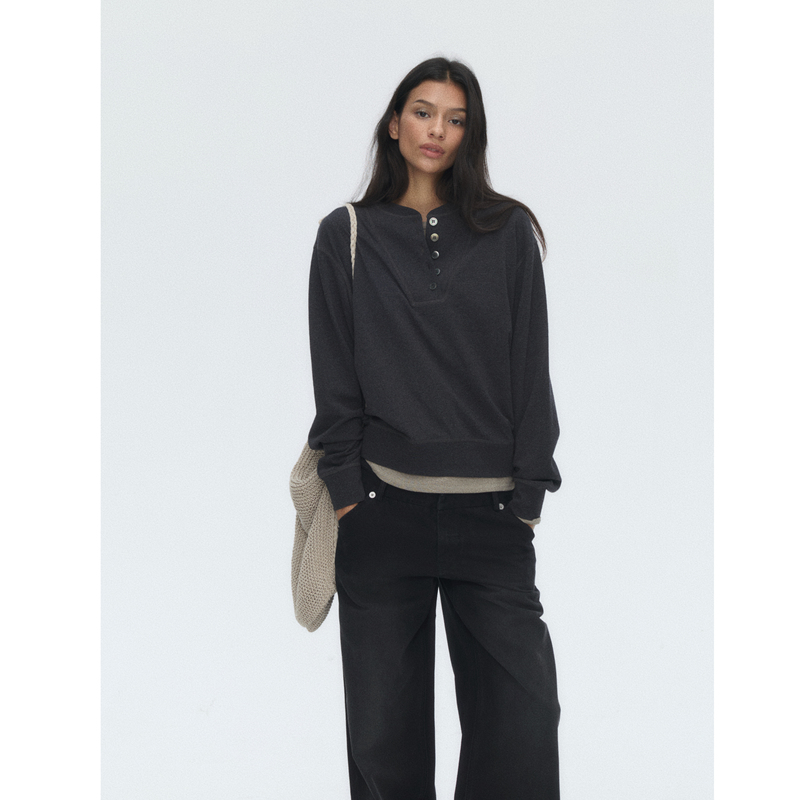 Fot2026 Autumn and Winter New Style Shell Button Two-Tone Henry Sports Top Mixed Color All-Cotton Ribbed Patchwork Loose Fit Fot2026 Autumn and Winter New Style Shell Button Two-Tone Henry Sports Top Mixed Color All-Cotton Ribbed Patchwork Loose Fit