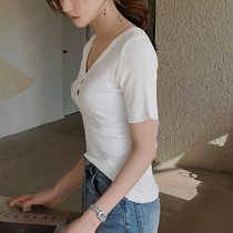 Korean version white knit V collar button short sleeve T-shirt female summer 2021 new body tastings bottom inner hitch