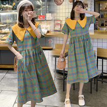 Pregnancy Woman Dress Dress dress 2021 Summer new loose Lean Sweetness Doll Collar Method Vintage Retro Polo Plaid Dress