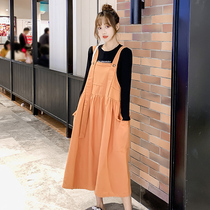 Pregnant woman fall suit 2021 new Korean version Large code loose T-shirt Long dress Two sets Fashion braces Libra dress