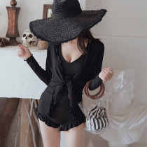 New one-piece swimsuit female size long sleeve belly thin conservative sexy fairy fan student Korean hot spring swimsuit