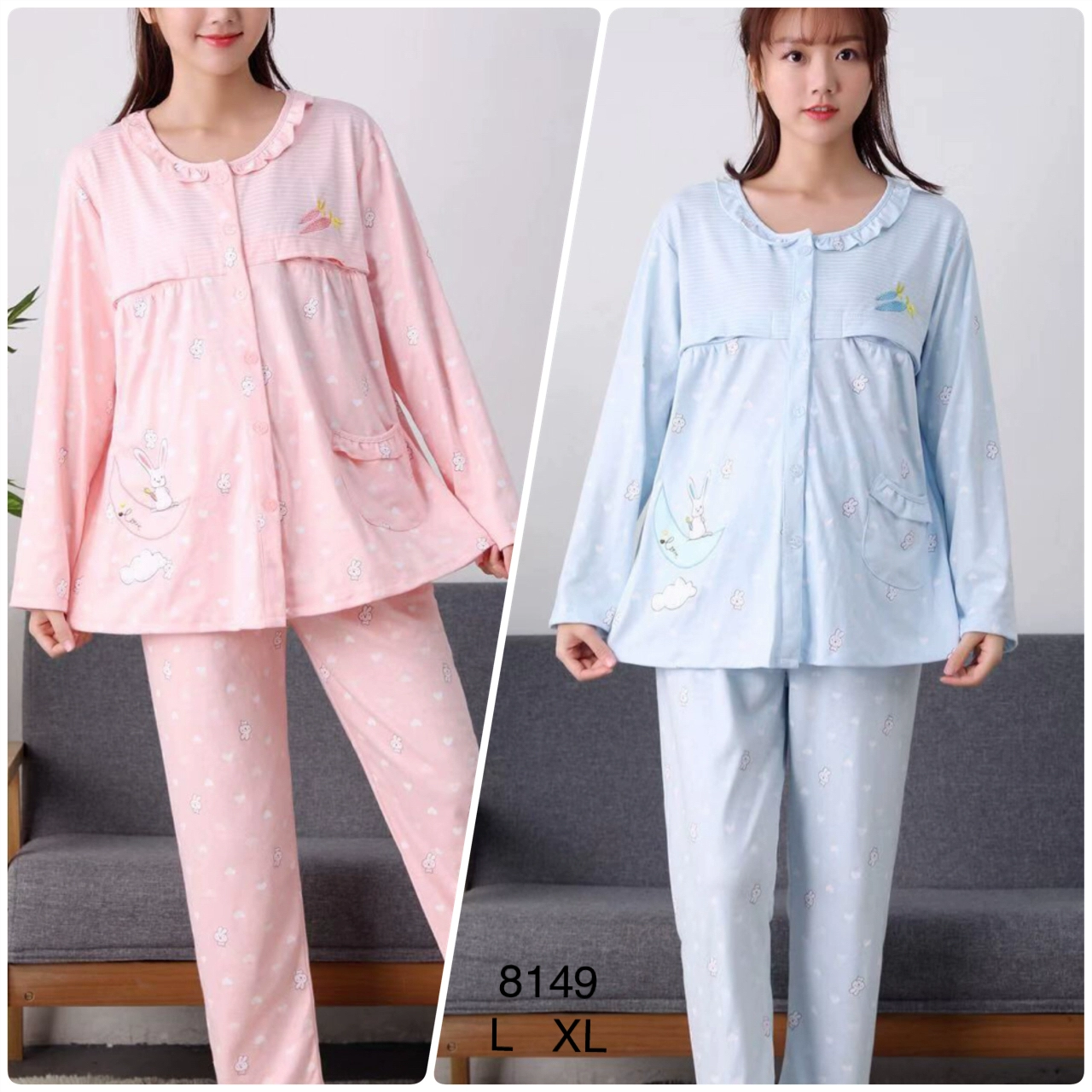 Lv Yaqi Thời trang Bộ đồ ngủ mới dành cho bà bầu bằng vải cotton nguyên chất vào mùa xuân và mùa thu cho con bú sau sinh Dịch vụ cho con bú tại nhà. - Giải trí mặc / Mum mặc