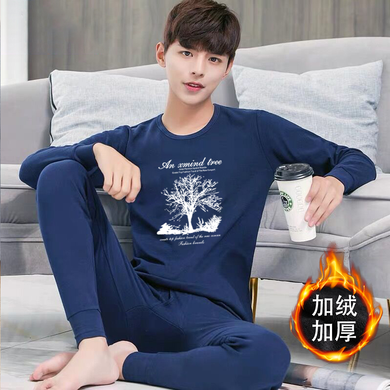 Mens mùa thu và mùa đông ấm áp sinh viên đồ lót dày cộng với nhung t-shirt trẻ quần quanh cổ ed / h mùa thu được thiết lập.