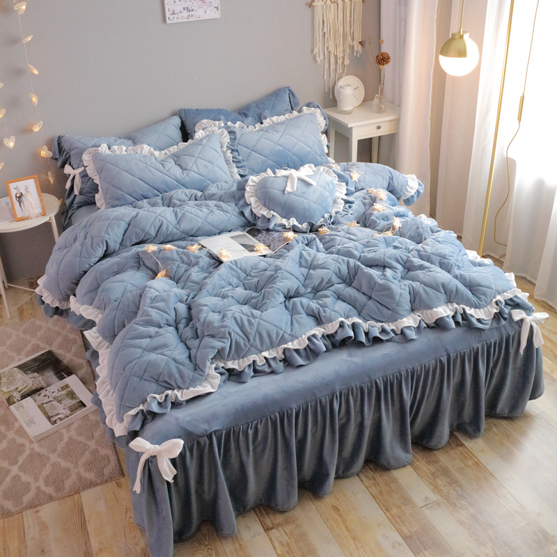 Winter quilted warm crystal fleece bed top four-piece thick coral fleece double-sided fleece flannel princess style duvet cover