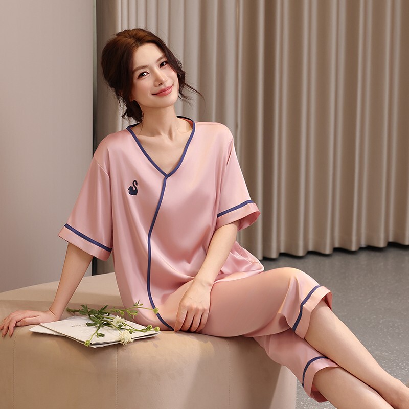 Victoria Mulberry Silk 100% Pajamas for Women Summer with Chest Pads Short Sleeve Set Ladies High-End Homewear
