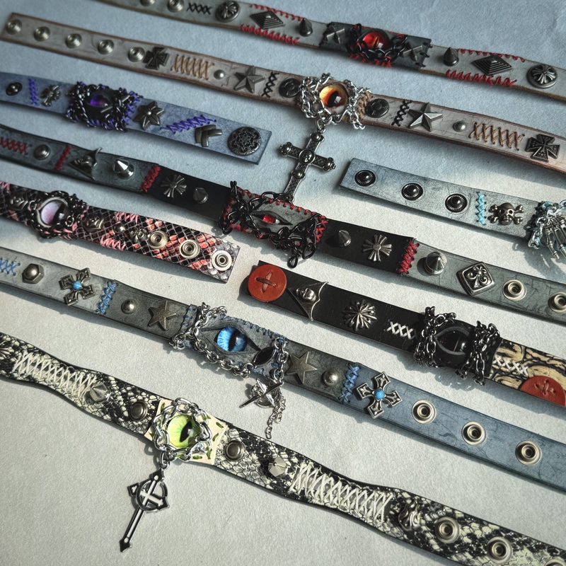 Faner Handmade Genuine Leather Personalized Punk Choker Bracelet American Style Devil's Eye Layered Bracelet Choker