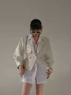 MXU fashionable urban vintage retro sunscreen shirt suit collar waist design sense jacket short coat women thin