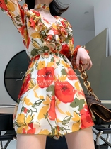 MXU 2020 spring and summer new art printing V-neck ruffle jumpsuit high waist thin chiffon one-piece shorts