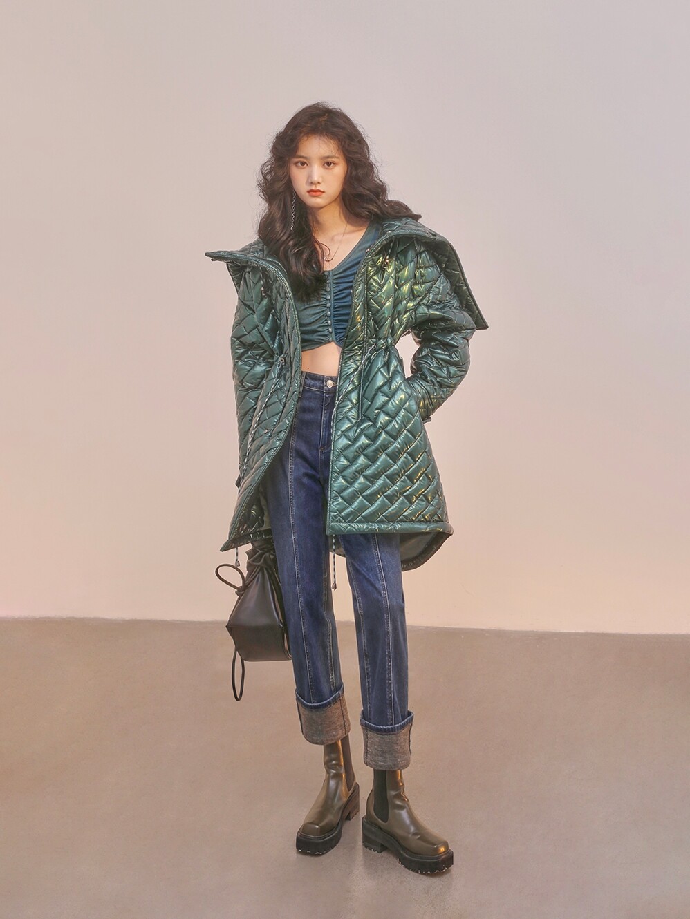 MXU Symphony Mermaid Ji winter new warm fashion niche design quilted plaid mid-length padded clothes for women