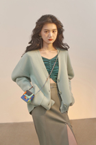 Mika Xu Urban Soft glutinous fresh Australian melislave puffed wool temperament with buckle in the length of the cardigan