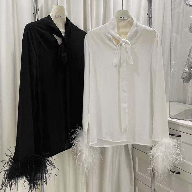 [in Stock] Niche 26 Spring/Summer New French Style White Lace-Up Cuff Feather Patchwork Long Sleeve Shirt for Women