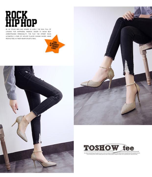 Xuân-Hè 2018 mới sandal cao gót nữ đính cườm mũi nhọn của phụ nữ dép converse