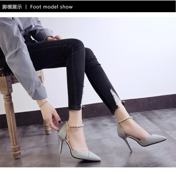 Xuân-Hè 2018 mới sandal cao gót nữ đính cườm mũi nhọn của phụ nữ dép converse