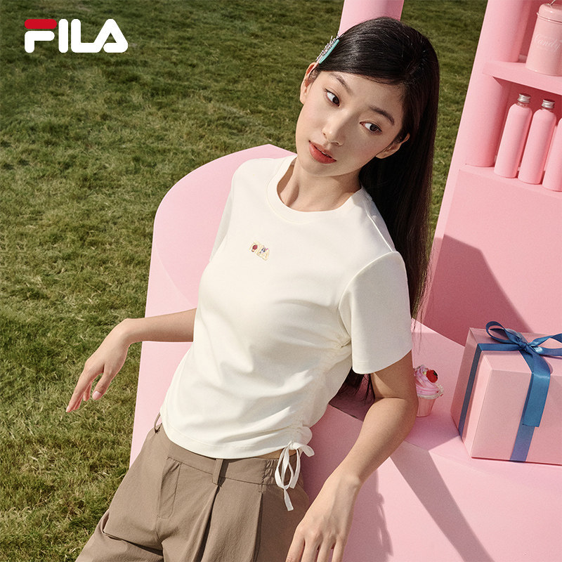 Yang Mi's Same Style Fila Women's Short-Sleeve T-Shirt, New Summer Sports Embroidered Slim-Fit Top with Side Drawstrings Yang Mi's Same Style Fila Women's Short-Sleeve T-Shirt, New Summer Sports Embroidered Slim-Fit Top with Side Drawstrings