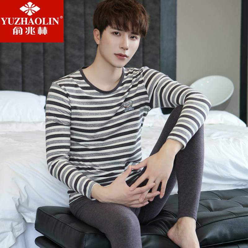 Yu one trillion Lin Men's Pure Cotton Autumn Clothes Sanitary Pants Suit Thin section Young students can wear heat-generating clothes cotton sweater