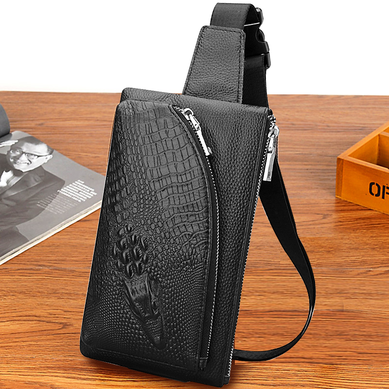 Pocket Men's Leather Multifunction Head Layer Cow Leather Chest Bag Crocodile Print Men Portable Casual Bag Mobile Phone Zero Wallet Tide