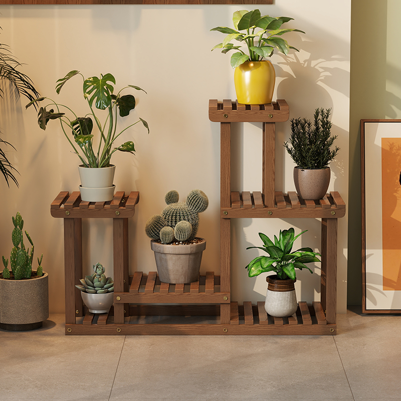 無垢材フラワースタンド 多層フロアスタンド バルコニー リビングルーム 可動ラック グリーンラディッシュプラント 炭化木製スタンド フラワースタンド