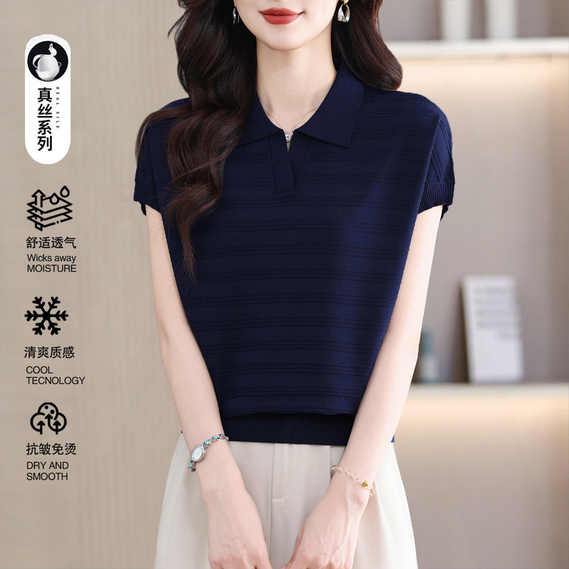 Ordos City Mulberry Silk Short-Sleeve Knitted Sweater for Women, Summer Lapel Pullover Thin T-Shirt, 2026 Summer New Style Ordos City Mulberry Silk Short-Sleeve Knitted Sweater for Women, Summer Lapel Pullover Thin T-Shirt, 2026 Summer New Style
