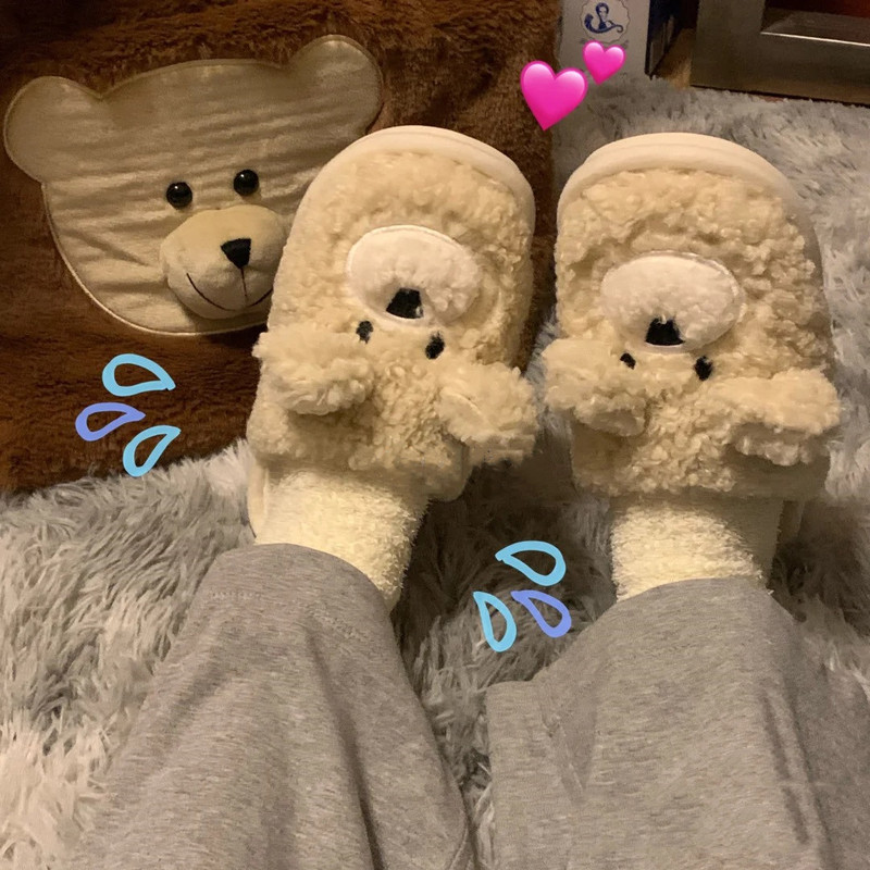 Cotton Slippers Korean Cute Lamb Wool Home Warm Bear Dog Cotton Slippers Soft Bottom Non-Slip Men's Slippers Confinement Slippers