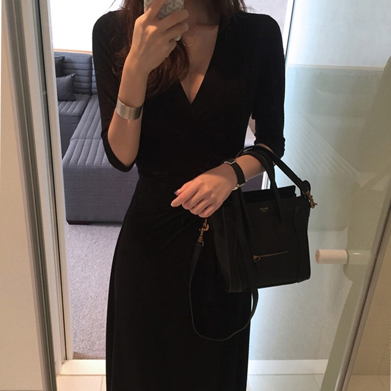 V-Neck Little Black Dress for Women, Modal Black Dress, One-Piece Wrap Dress, French-Style Waist-Cinching Sexy Slit Long Dress