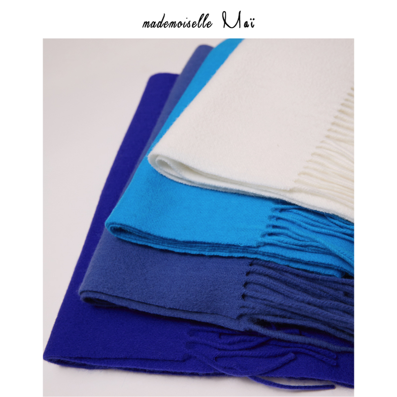Pure Wool Scarf for Women, Thickened for Autumn and Winter, Versatile and Warm, Men's Neck Warmer, Korean Style, Klein Blue, Lake Blue, Creamy White