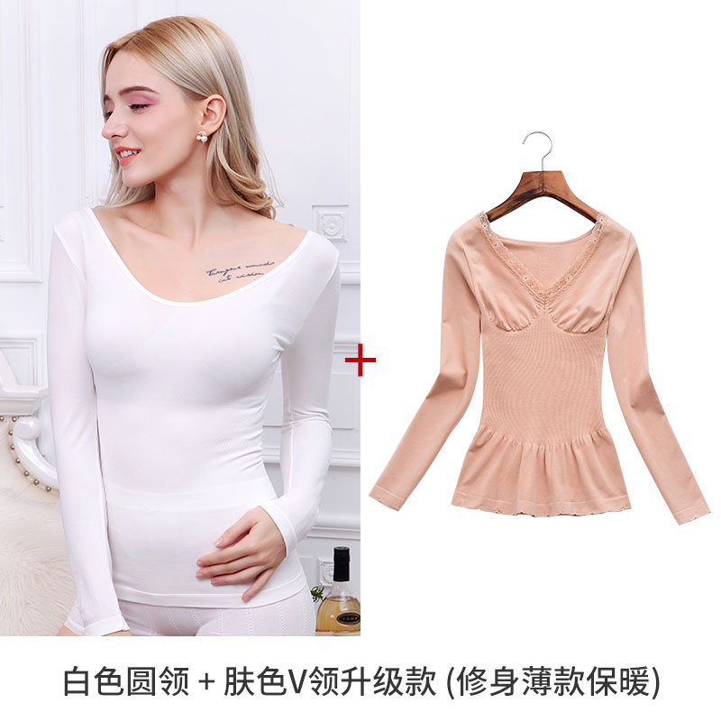 đồ lót ấm womens mỏng thấp cổ áo đáy thịt màu nhung đầu cắt dài tay chặt một mảnh mặc quần áo mùa thu