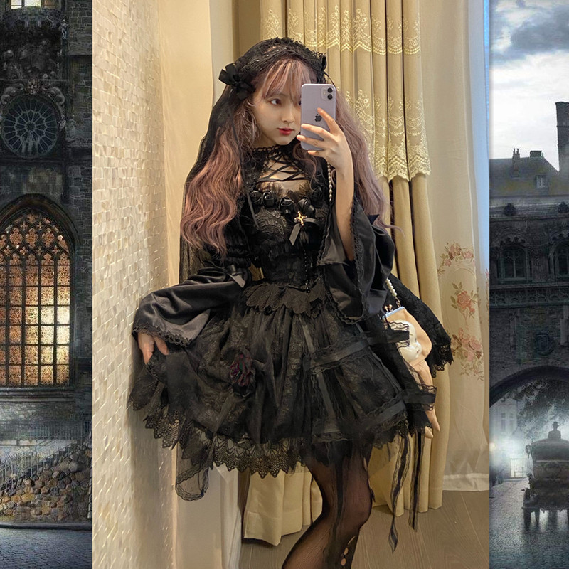 2022 Doujiang Original Lolita Gothic Rose Cage Cla Elegant Embossed Mesh Lace Slip Dress