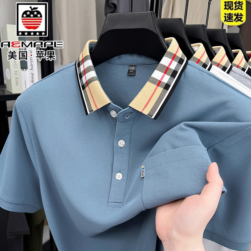 American Apple Brand Solid Color Short-Sleeve T-Shirt for Middle-Aged Men with Pockets, Middle-Aged and Elderly Men's Clothing, Dad's Clothing, T-Shirt