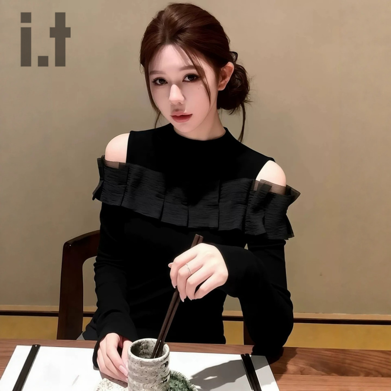 It:Zz Light Luxury Style Off-Shoulder Mesh Patchwork Long-Sleeve Top Autumn and Winter New Plus Size Slimming Top for Chubby Women
