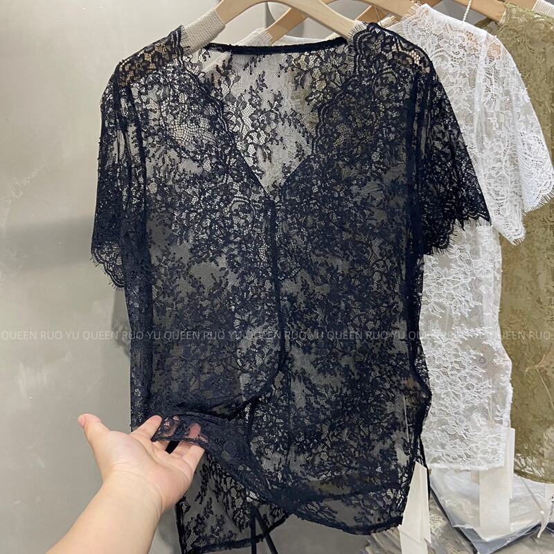Stylish V-Neck Sheer Lace Short-Sleeve Shirt, Loose Fit, Slimming Top for Outerwear or Layering, 2026 Summer European Fashion