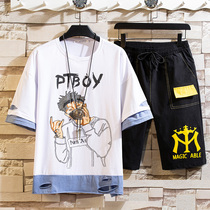 Junior high school students 13 summer suits 14 trendy 12-15 year olds short sleeve T-shirt 16 boys handsome clothes set