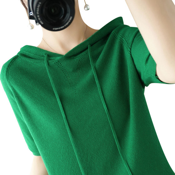 精仿羊毛半袖连帽套头针织卫衣女宽松休闲薄款中袖毛衫短款纯色女