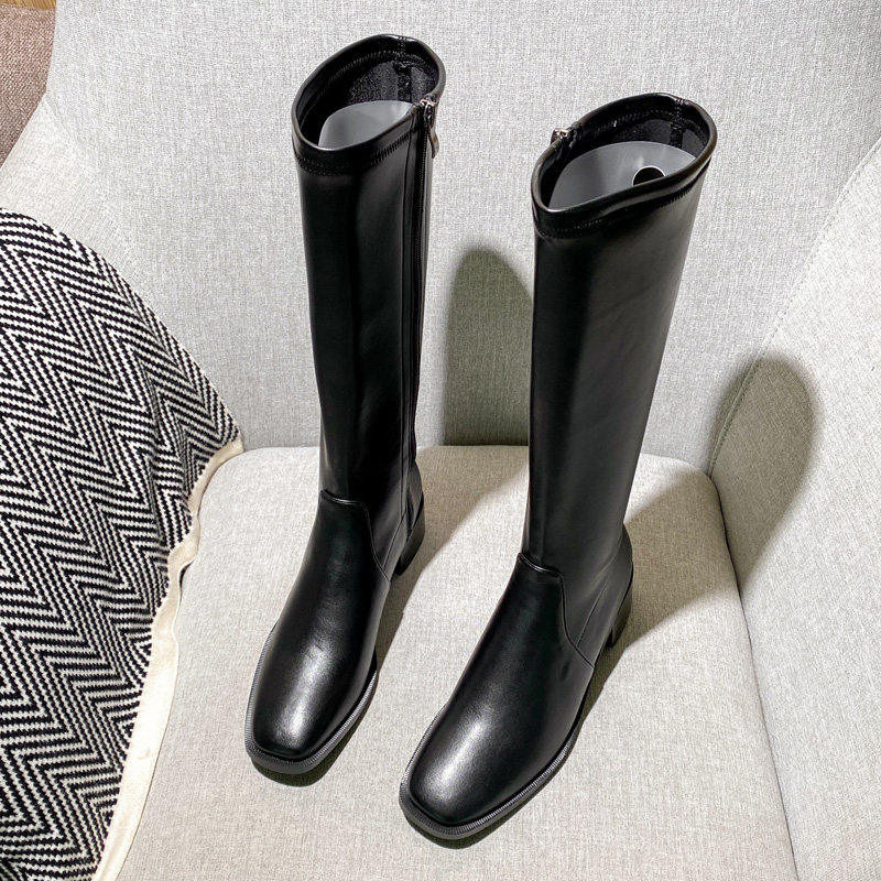 High cylinder boot female riding boots though knee length boots square head long cylinder boot autumn winter display slim mid-cylinder boots 2020 new boots