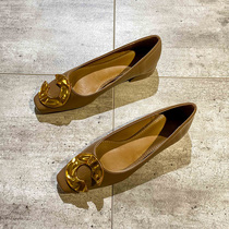 Classic small square head shallow mouth commute 100 hitch heel rough heel soft leather French metal buckle soft bottom grandma