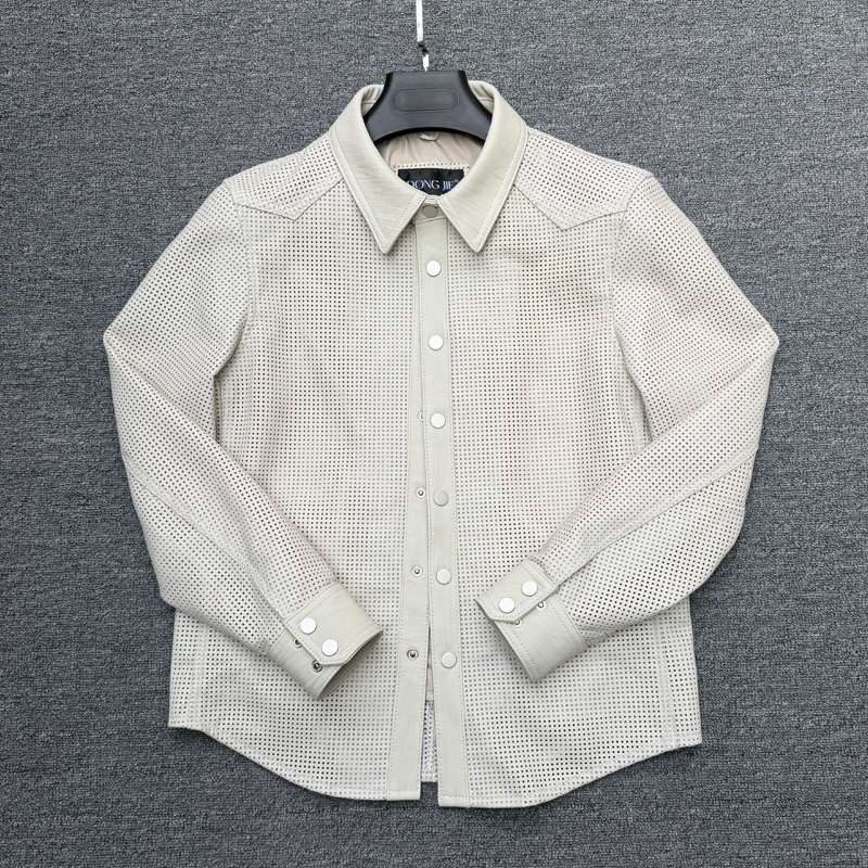 Breathable Hollow-Out First-Layer Sheepskin Genuine Leather Jacket Men's Shirt Lightweight White Shirt Lapel Jacket Coat