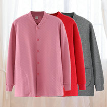 Middle-aged and elderly warm cardigan womens three-layer autumn coat pure cotton thickened quilted double-breasted plus fat enlarged top for the elderly men
