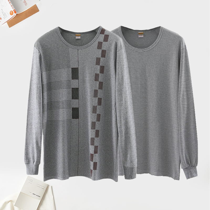Middle Aged Seniors Autumn Clothes Men's Blouse Single Piece Pure Cotton Thickened Stripe Increase Code Round Collar Spring Autumn Beating Bottom Full Cotton Underwear
