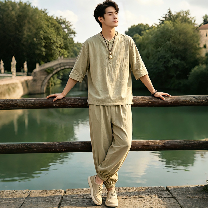New Chinese Zen-Style Cotton and Linen Suit for Men, Summer Retro Round Neck Mid-Sleeve Casual Chinese Style Buddhist Meditation and Exercise Clothing