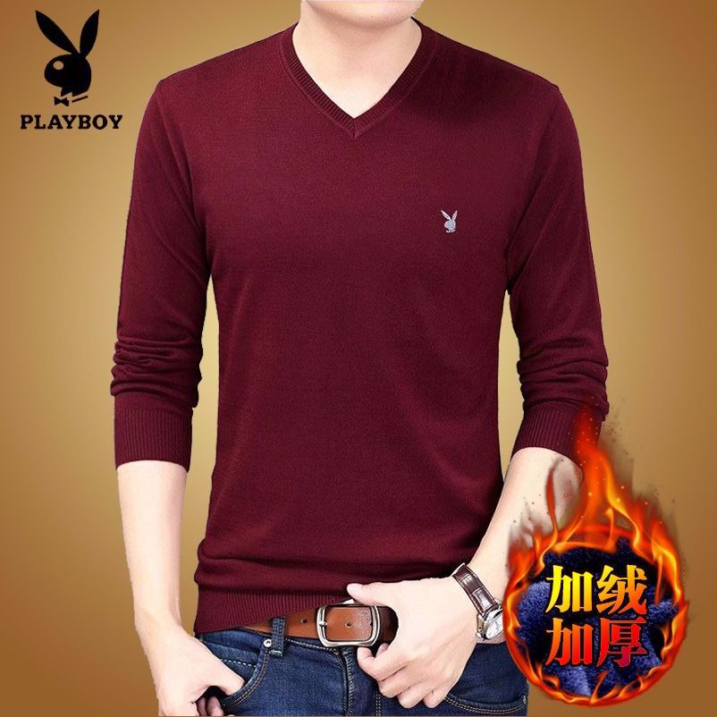 Playboy áo len nam Slim V-cổ nam thu đông cộng với nhung dày ấm áp áo len giản dị xu hướng nam thời trang nam
