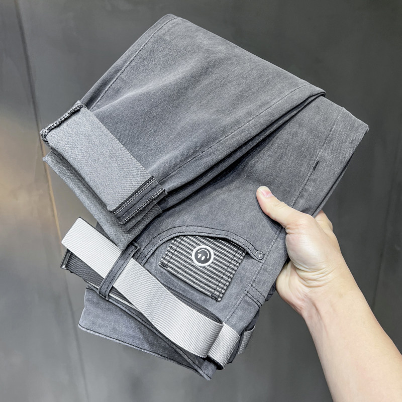 CaltoKrosa~Light luxury fashion elastic jeans men's loose straight Korean style all-match gray casual trousers