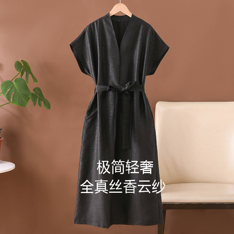 Intangible Cultural Heritage, Hand-Made Silk Fragrant Cloud Yarn, Minimalist Style V-Neck Raglan Sleeves, Elegant Slimming Waist Dress