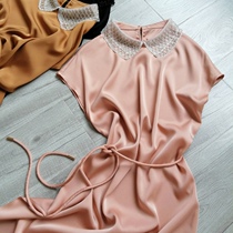 Heavy Industry exquisite nail bead Peter lapel short sleeve silk dress belt waist slim mulberry silk skirt