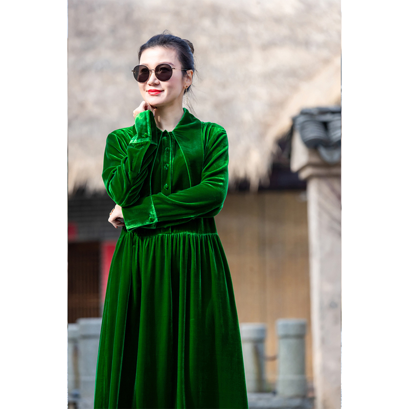 【Anzhiyi】Original Design Velvet Retro Dress, New Spring Style Green Silk Velvet Dress 【Anzhiyi】Original Design Velvet Retro Dress, New Spring Style Green Silk Velvet Dress