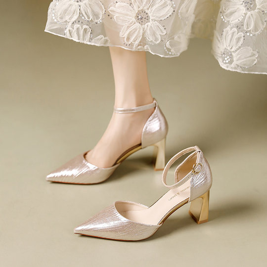 Banquet Wedding High Heels Women's 2025 New Medium Heel Pointed Toe Fairy Style Bridesmaid Summer Fashion Temperament Sandals