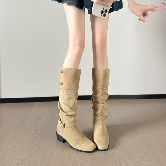 237-9g Suede French-Style Long Boots Below the Knee, 2025 Autumn and Winter New Retro Women's Boots, Pleated Boots