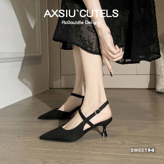 Pointed Toe Open-Toe Sandals 2025 New Style Hollow Commuter Ultra-Soft High-End Summer Suede Black High Heels