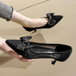 French Mesh 3cm Low-Heeled Flats for Women 2025 Summer 5cm Breathable Work Stiletto Heel Bow Mid-Heel Sandals
