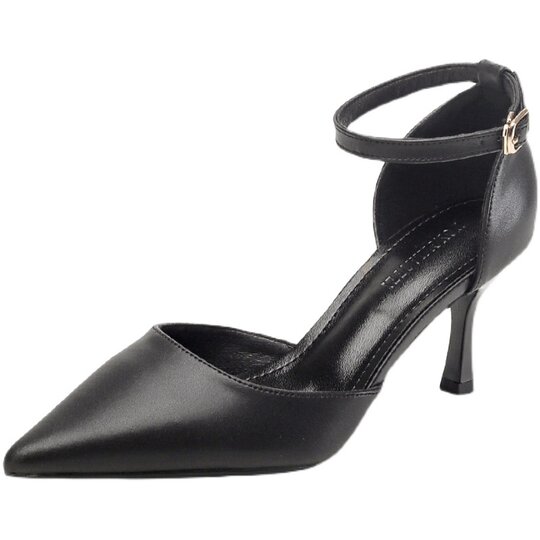 One-Strap Stiletto High Heels for Women, Summer 2025 New Style, Soft Leather Low Heels, Comfortable for Feet, Black Work Sandals for Women