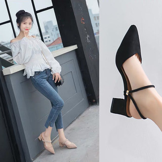 Women's Shoes 2025 New Spring and Autumn Dual-Wear Large Size Women's High-Heeled Chunky Heel Black Small Size Closed-Toe Mid-Heel Sandals and Slippers