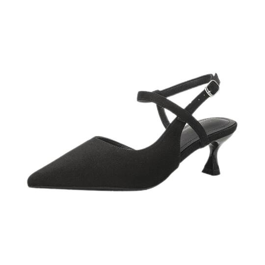 Pointed Toe Open-Toe Sandals 2025 New Style Hollow Commuter Ultra-Soft High-End Summer Suede Black High Heels